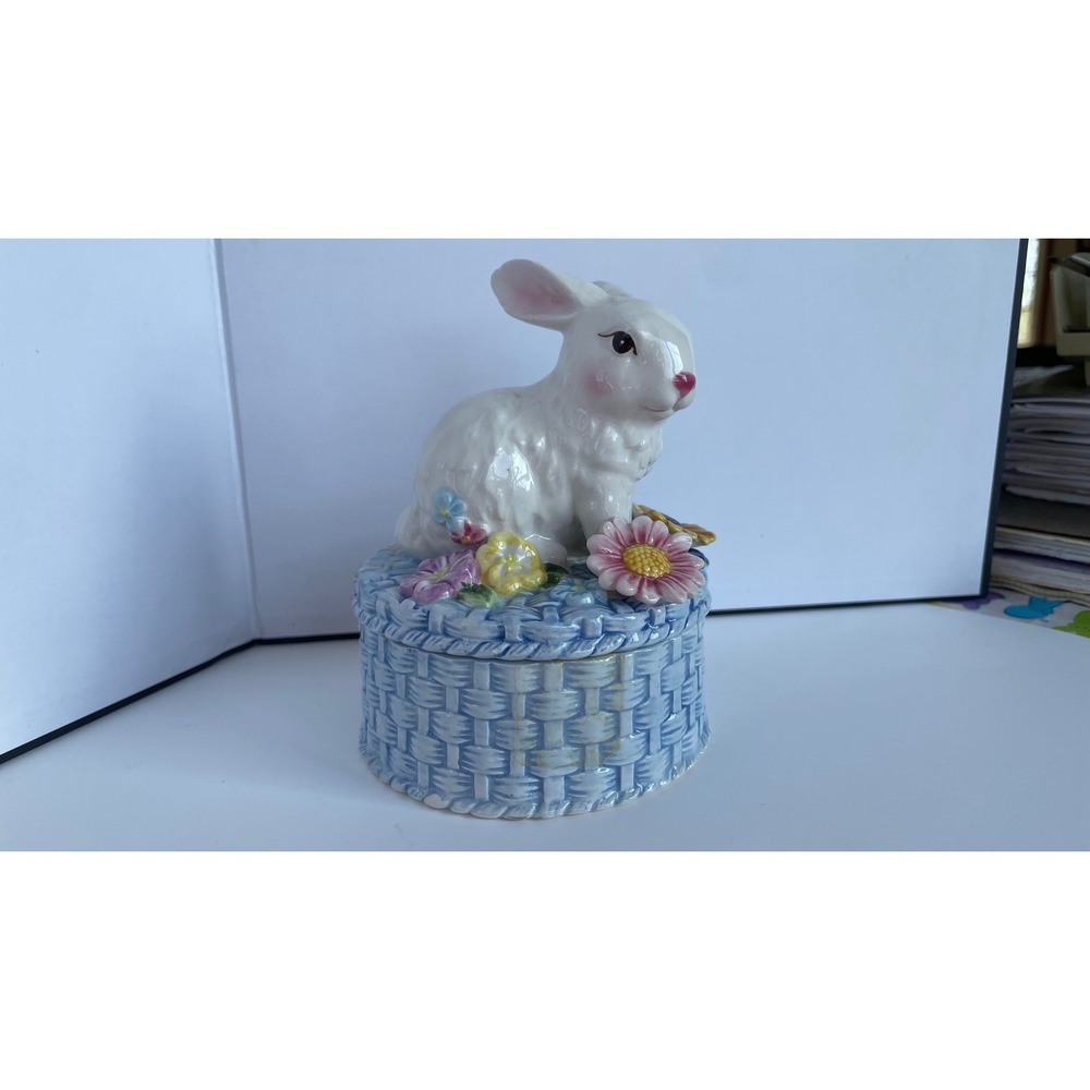 Ceramic Bunny Rabbit Trinket Box Small White Blue Good Easter Floral Spring Baby